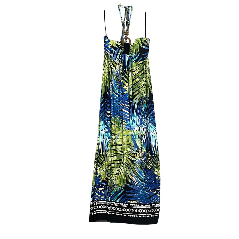 Intermission Beachy Maxi Dress Womens 14 Halter Palm Print Vacation Resort